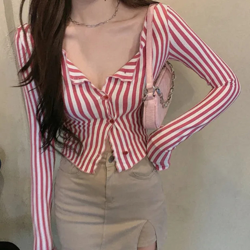 Street Fashion In Korea - MEXZT Vintage çizgili gömlek kadın Y2K
