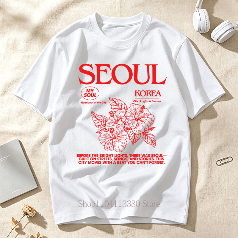 Street Fashion Seoul - Kore Tarzı Seul Hibiscus Baskı T-shirt